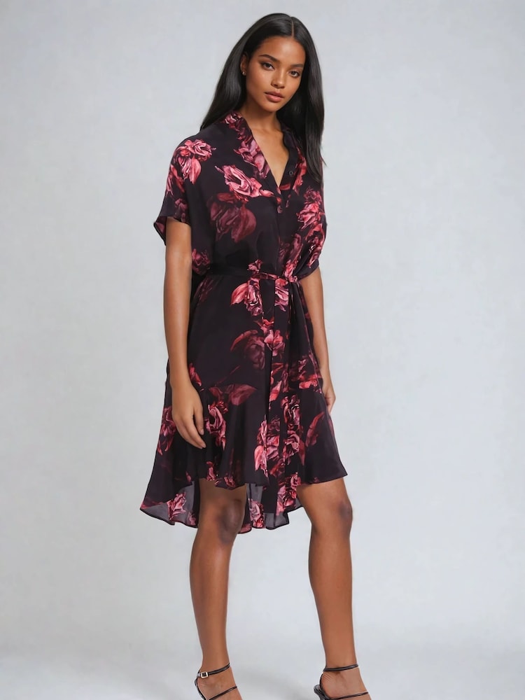 Religion Black Fade Tunic Dress With Tie Waist And Frill Hem In Dark Floral - Image 5 of 6