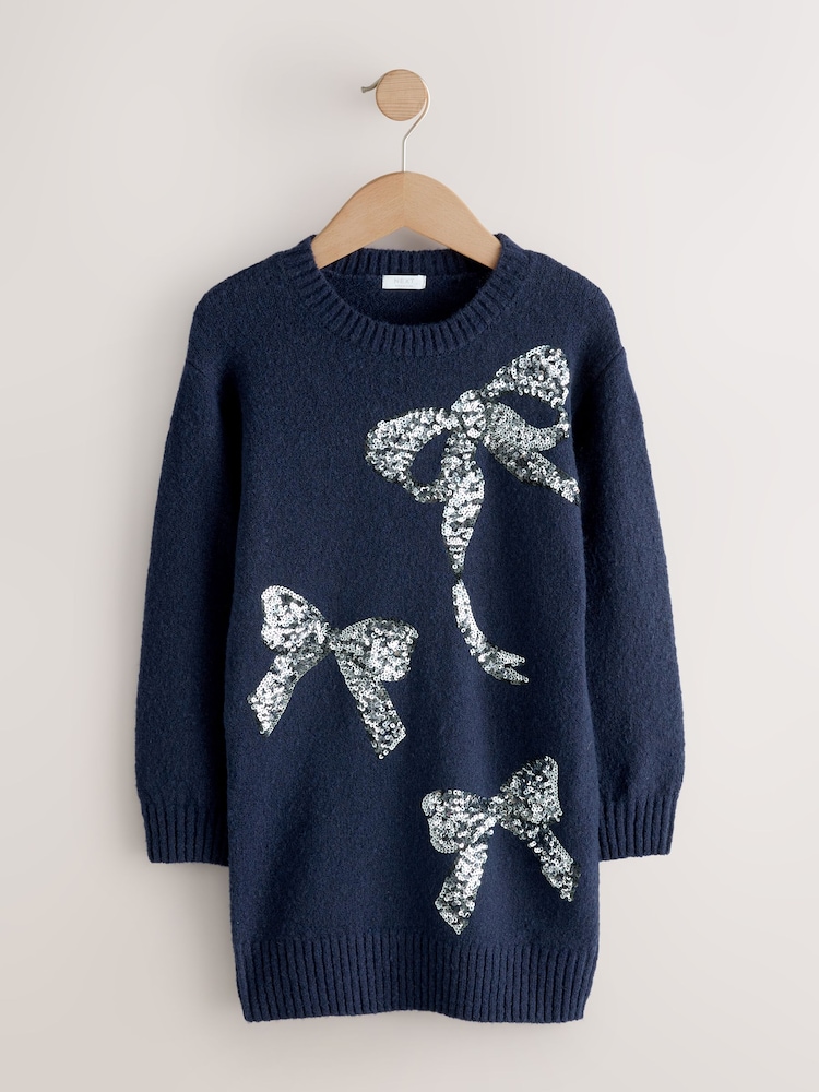 Navy Bow Embellished Knit Jumper Dress (3-16yrs) - Image 1 of 4
