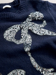 Navy Bow Embellished Knit Jumper Dress (3-16yrs) - Image 4 of 4