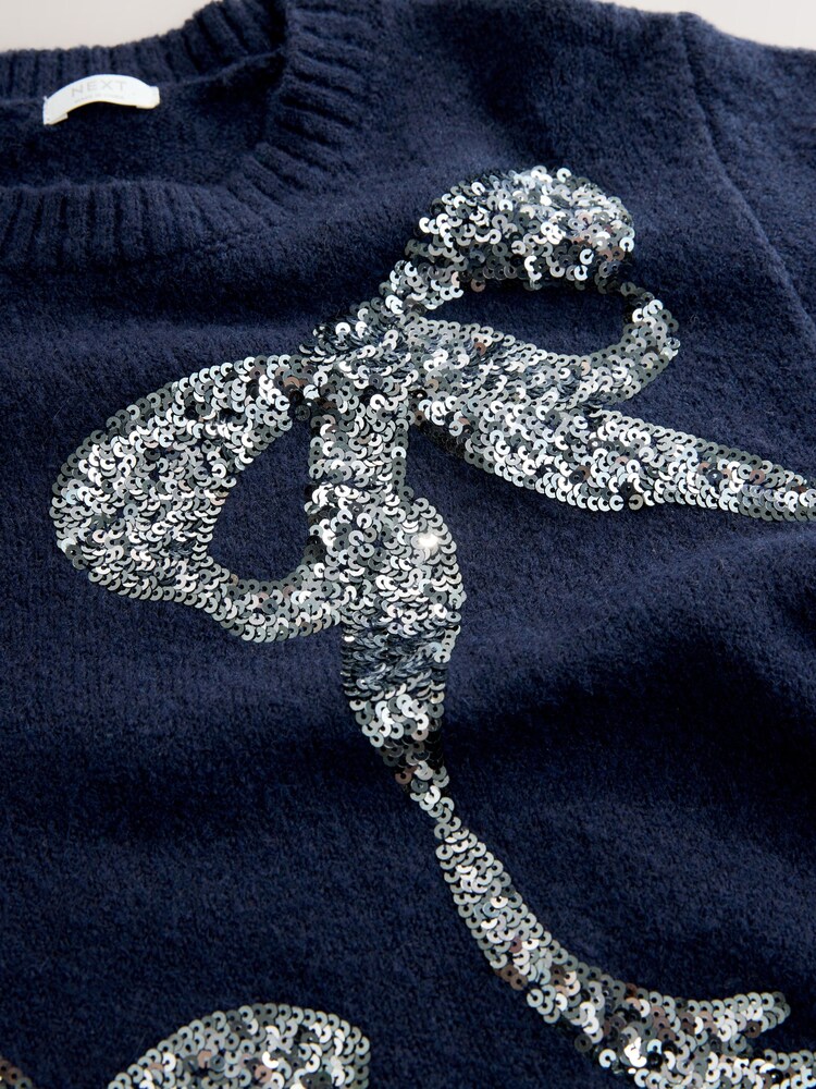 Navy Bow Embellished Knit Jumper Dress (3-16yrs) - Image 4 of 4