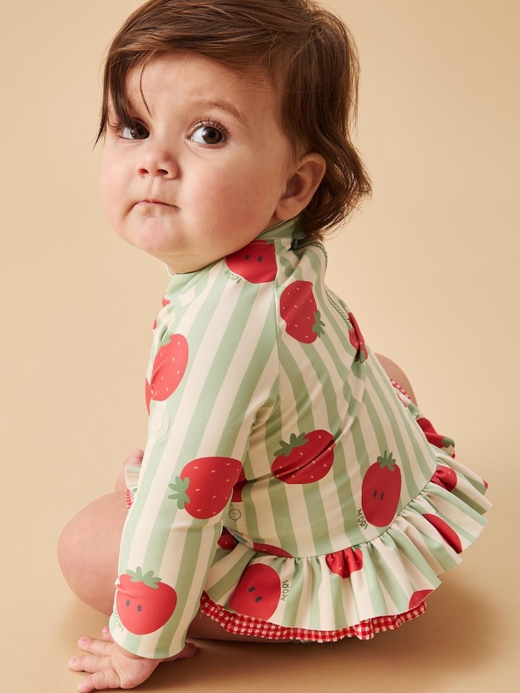 MORI Green UPF 50+ Strawberry and Stripe Frill Long Sleeve Swimsuit - Image 2 of 5