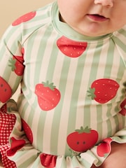 MORI Green UPF 50+ Strawberry and Stripe Frill Long Sleeve Swimsuit - Image 3 of 5