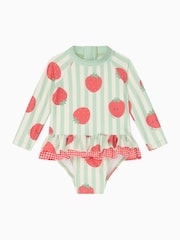 MORI Green UPF 50+ Strawberry and Stripe Frill Long Sleeve Swimsuit - Image 4 of 5