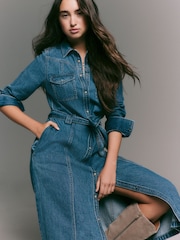 Dark Blue Denim Maxi Shirt Dress - Image 1 of 4
