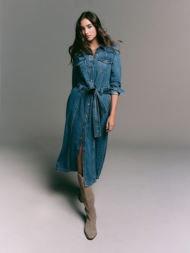 Dark Blue Denim Maxi Shirt Dress - Image 2 of 4 Dark Blue Denim Maxi Shirt Dress - Image 2 of 4