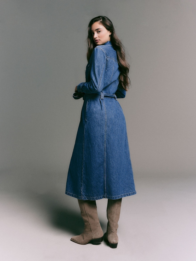 Womens Next Mid Blue Denim Midi Shirt Dress US 6 Tall
