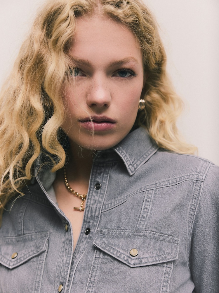 grey denim shirt dress Button Down Denim Shirt Dress
