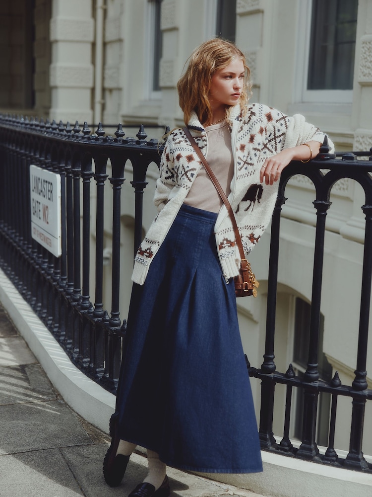 Rinse Denim Full Seamed Midi Skirt - Image 1 of 4 Rinse Denim Full Seamed Midi Skirt - Image 1 of 4