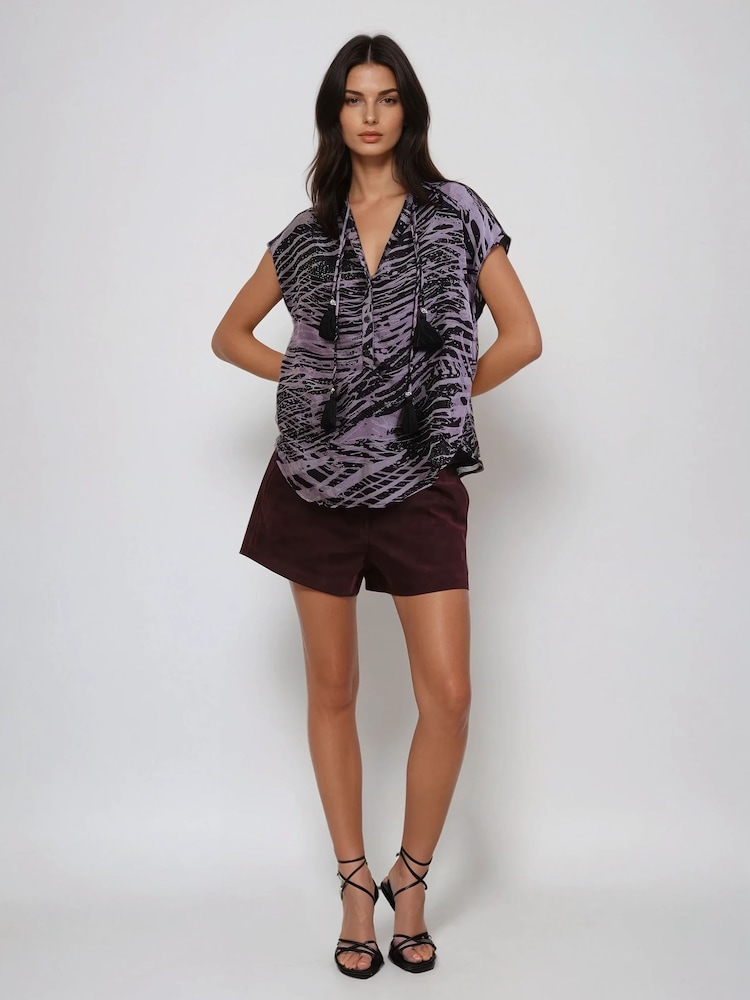 Religion Purple Diamond Cap Sleeve Shirt With Tassel Décor - Image 1 of 5