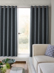 Teal Blue Chunky Marl Textured Eyelet Lined Curtains - Image 2 of 5