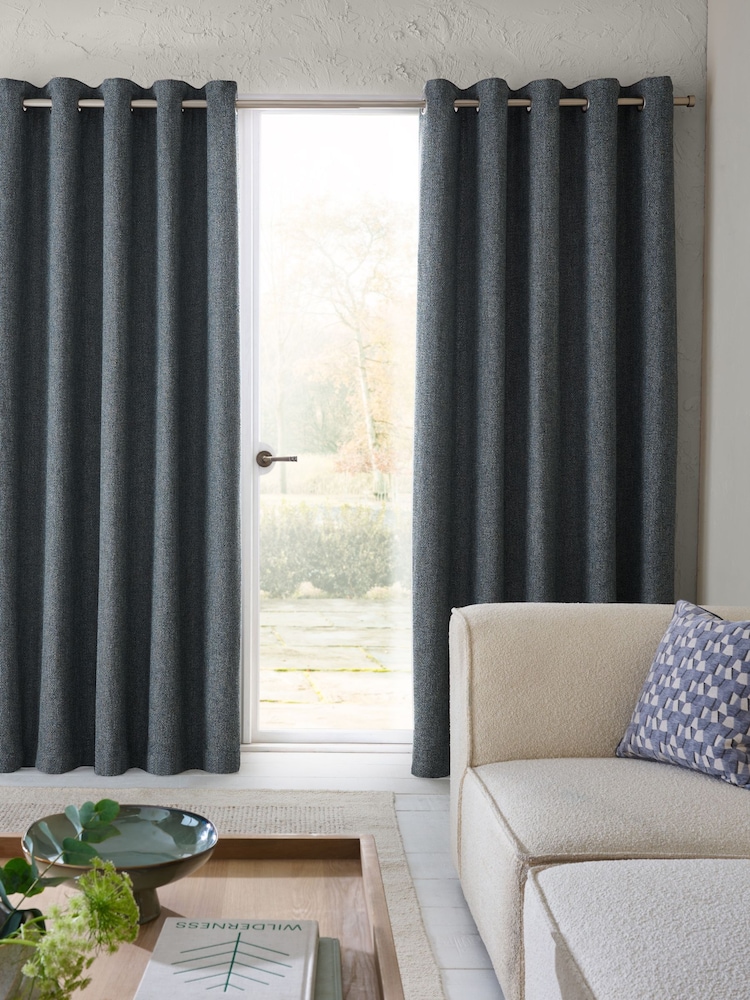 Teal Blue Chunky Marl Textured Eyelet Lined Curtains - Image 2 of 5