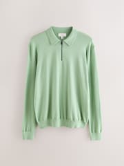 Verde sálvia - Suéter leve com gola alta e zíper em mistura de lã merino Signature - Imagem 1 de 3