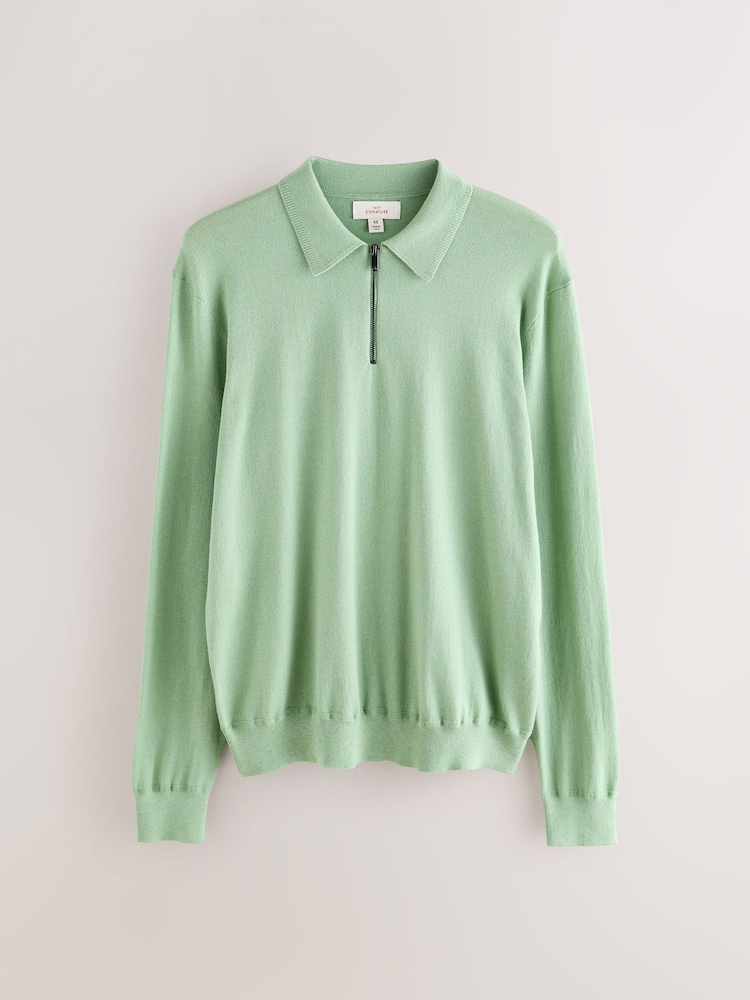 Verde sálvia - Suéter leve com gola alta e zíper em mistura de lã merino Signature - Imagem 1 de 3