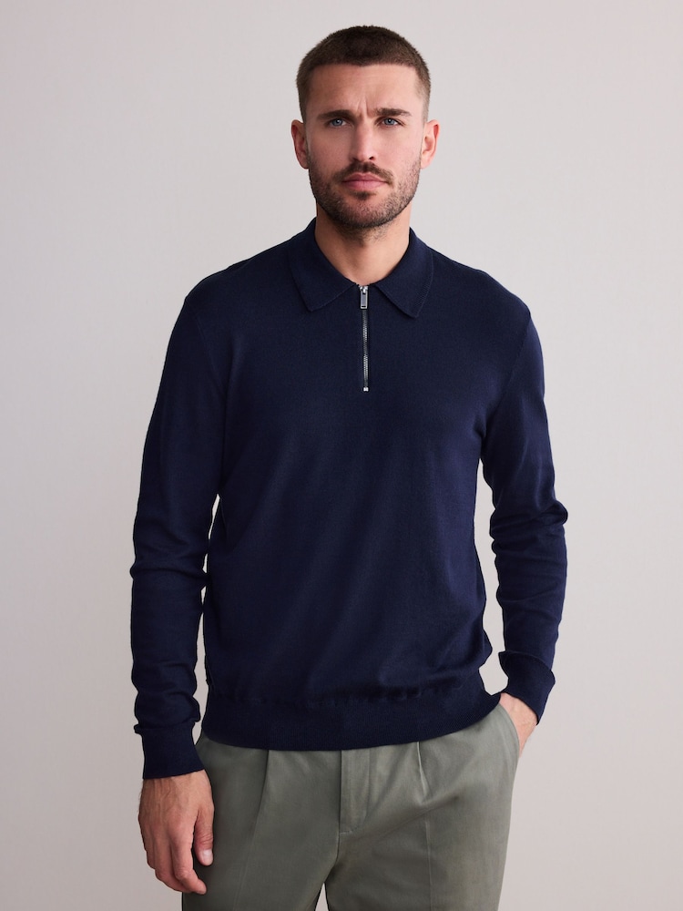 Navy Blue Signature Merino Blend Lightweight Zip Neck Jumper - Image 1 of 7