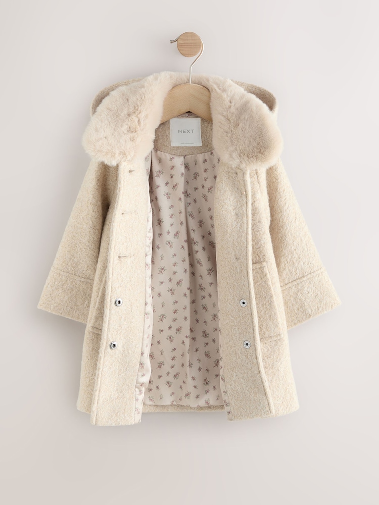 Cream Faux Fur Collar Hooded Coat with Wool (3mths-7yrs) - Image 2 of 5