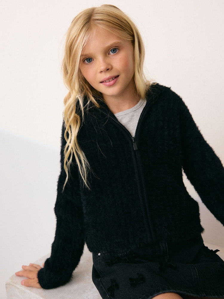 Black Fluffy Zip Through Hoodie (3-16yrs) - Image 1 of 4