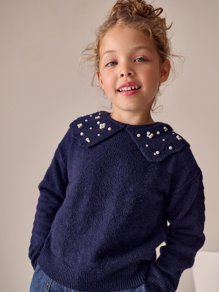 Navy Pearl Collar Jumper (3-16yrs) - Image 1 of 4