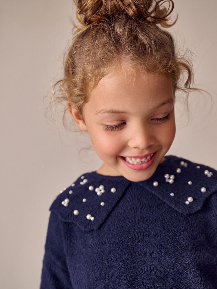 Navy Pearl Collar Jumper (3-16yrs) - Image 4 of 4