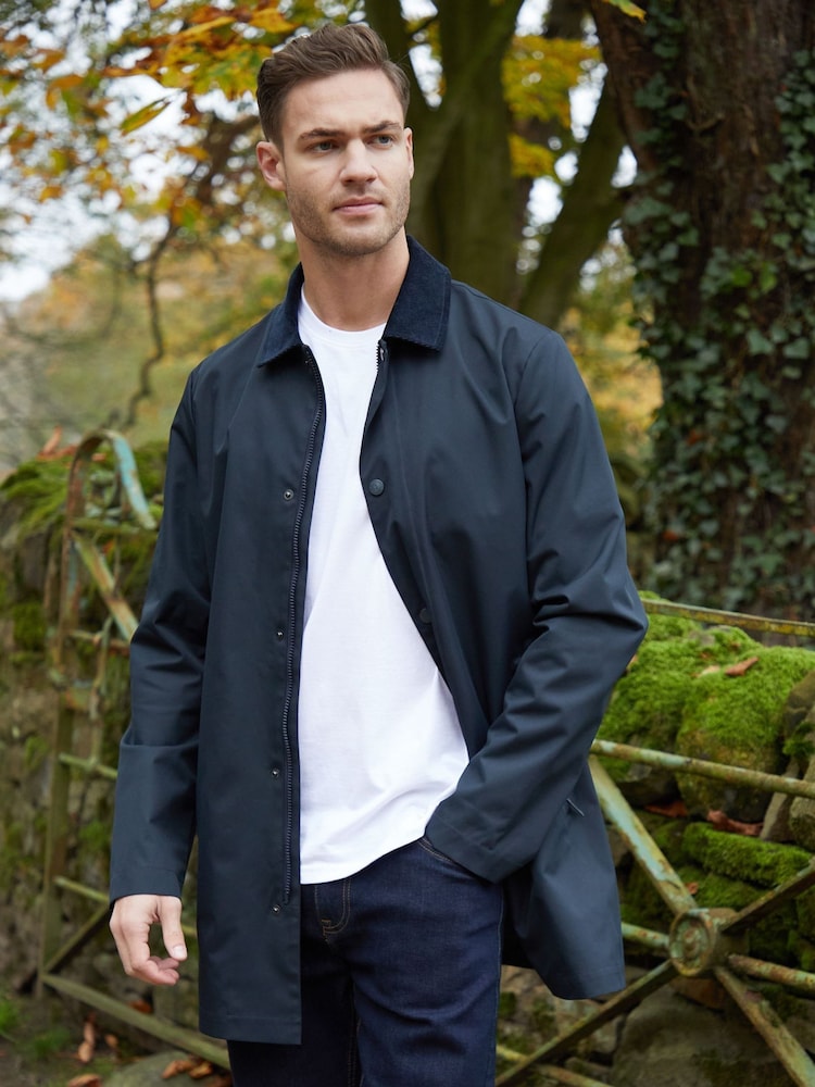 Threadbare Blue Showerproof Longline Corduroy Collar Trench - Image 1 of 5