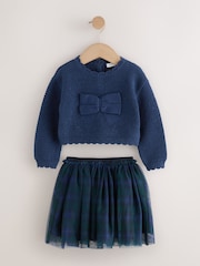 Navy Bow Knitted Jumper and Tartan Skirt Set (3mths-10yrs) - Image 5 of 9