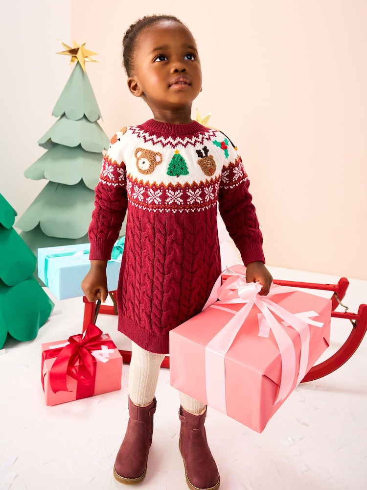 Plum Christmas Fairisle Pattern Character Jumper Dress (3mths-10yrs) - Image 1 of 8