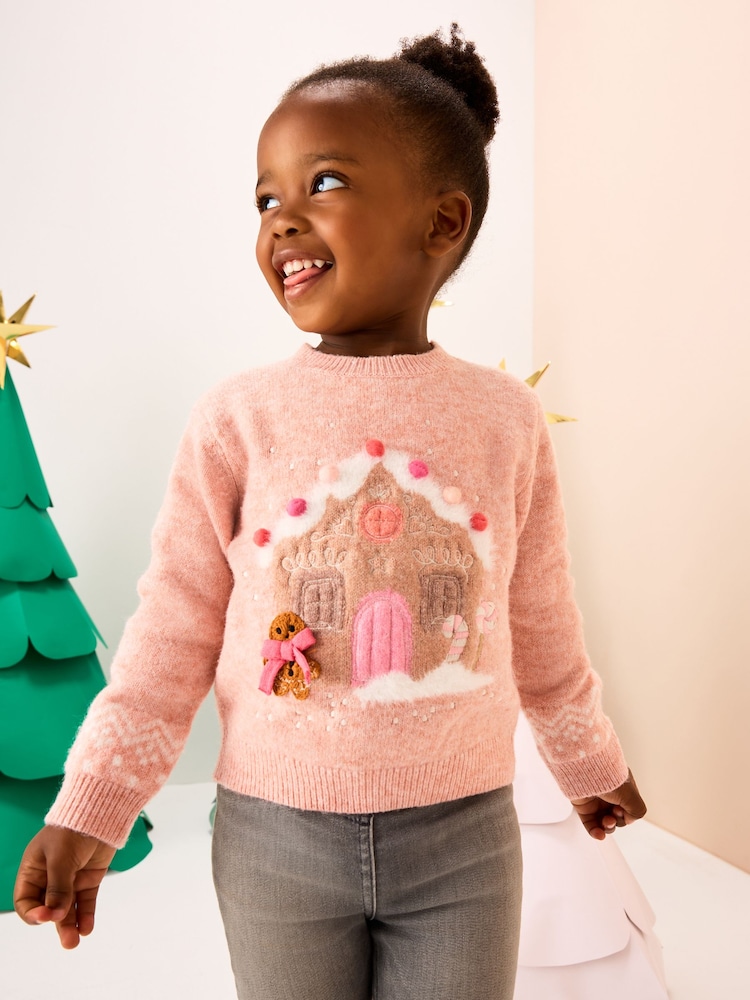 Pink Christmas Gingerbread House Jumper (3mths-7yrs) - Image 1 of 9