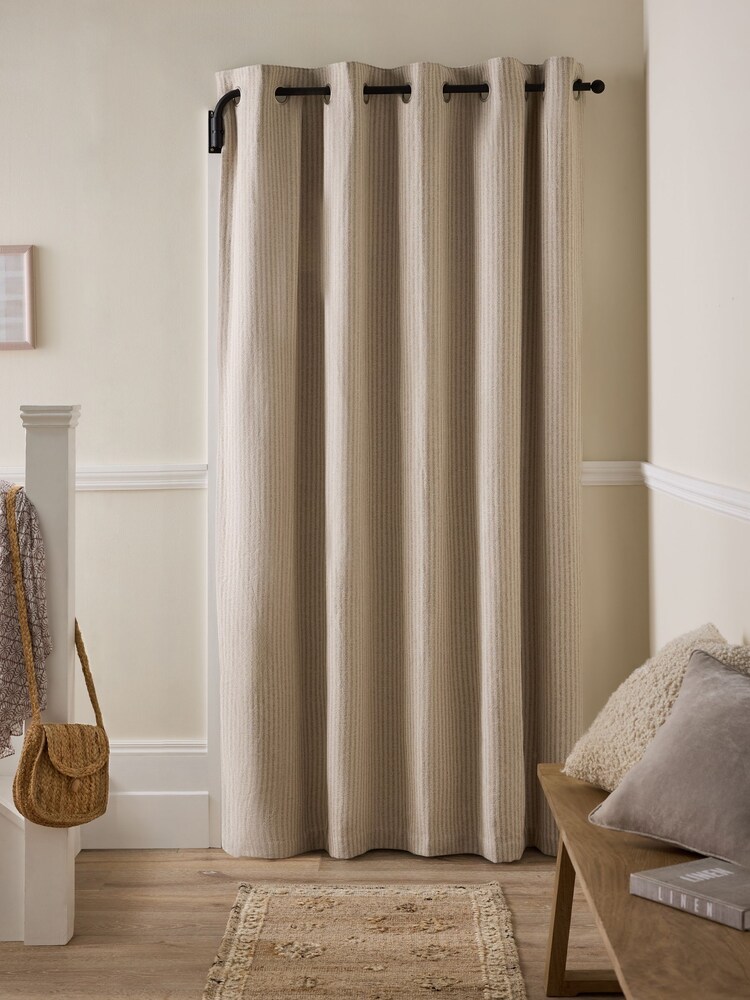 Natural Brushed Stripe Super Thermal Eyelet Door Curtains - Image 2 of 6