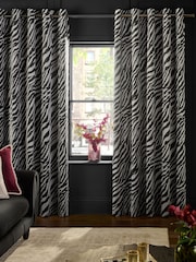 Black/Grey Velvet Zebra Print Super Thermal Eyelet Curtains - Image 2 of 6