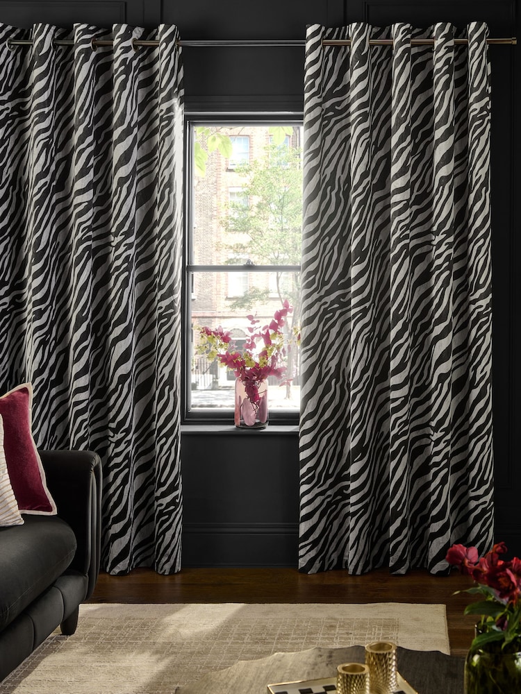 Black/Grey Velvet Zebra Print Super Thermal Eyelet Curtains - Image 2 of 6