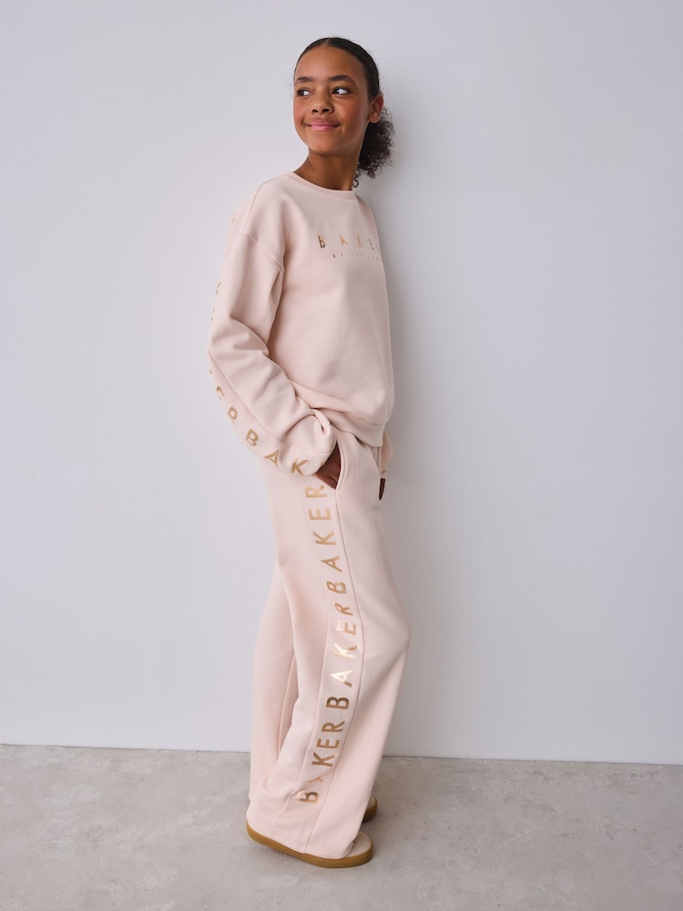 Baker by Ted Baker Pink 2 Piece Metallic Side Graphic Sweat & Wide Leg Joggers Set - Image 1 of 7 Baker by Ted Baker Pink 2 Piece Metallic Side Graphic Sweat & Wide Leg Joggers Set - Image 1 of 7