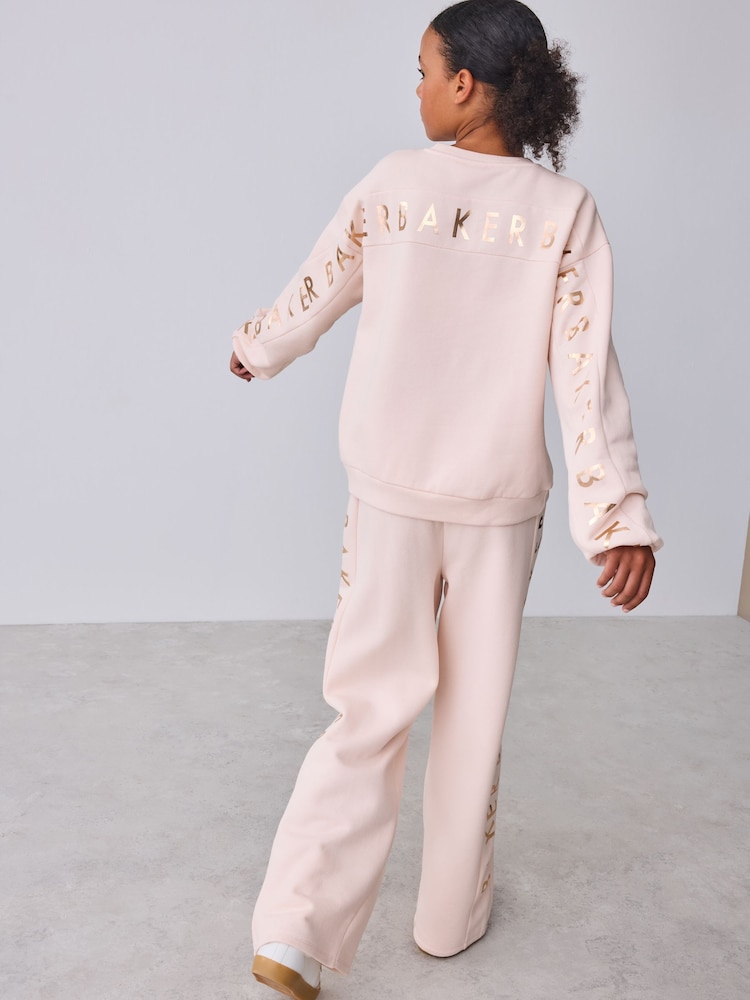 Baker by Ted Baker Pink 2 Piece Metallic Side Graphic Sweat & Wide Leg Joggers Set - Image 2 of 7 Baker by Ted Baker Pink 2 Piece Metallic Side Graphic Sweat & Wide Leg Joggers Set - Image 2 of 7