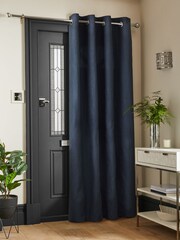 Navy Blue Crinkle Faux Silk Super Thermal Eyelet Door Curtains - Image 1 of 6