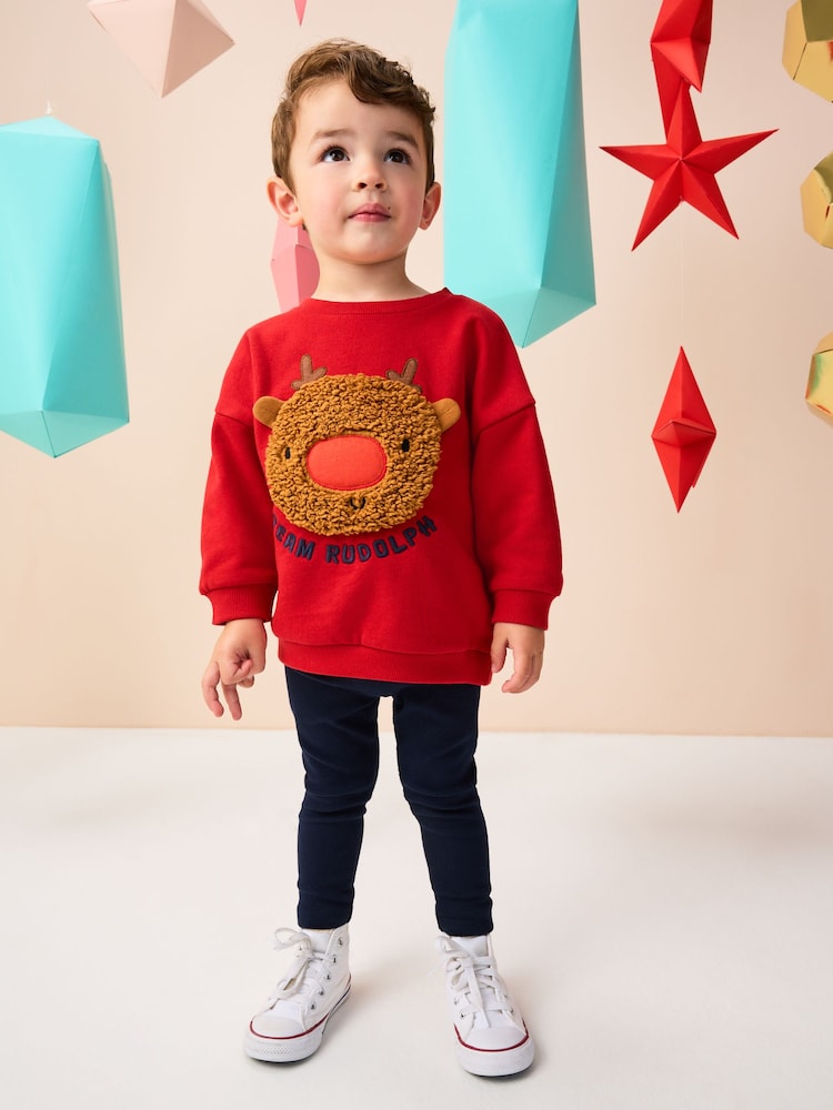 Red Boucle Rudolph Christmas Leggings and Crew Set (3mths-7yrs) - Image 1 of 3