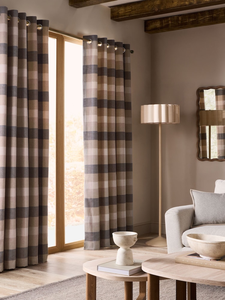 Natural Brushed Check Lined Eyelet Curtains - Image 1 of 5