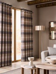 Natural Brushed Check Lined Eyelet Curtains - Image 8 of 10