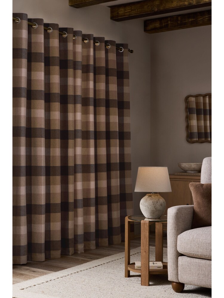 Natural Brushed Check Super Thermal Eyelet Curtains - Image 2 of 12 Natural Brushed Check Super Thermal Eyelet Curtains - Image 2 of 12