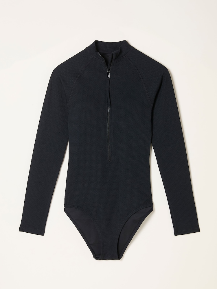 FatFace Black Long Sleeve Textured Swimsuit - Image 1 of 1 FatFace Black Long Sleeve Textured Swimsuit - Image 1 of 1