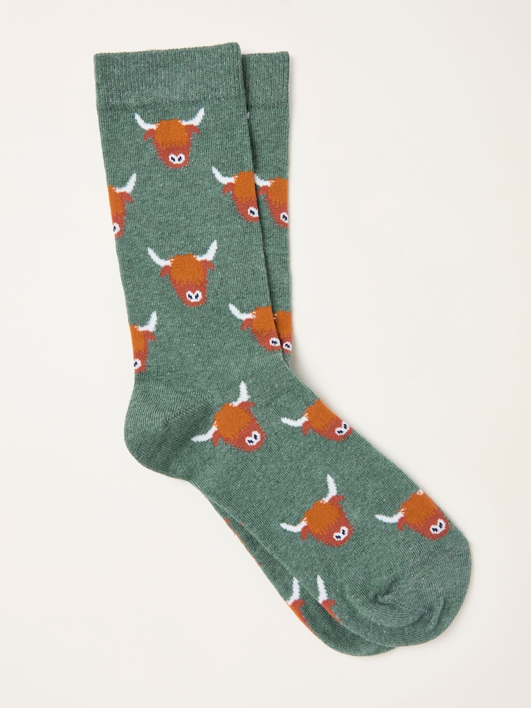 FatFace Green Highland Cow Socks - Image 1 of 2