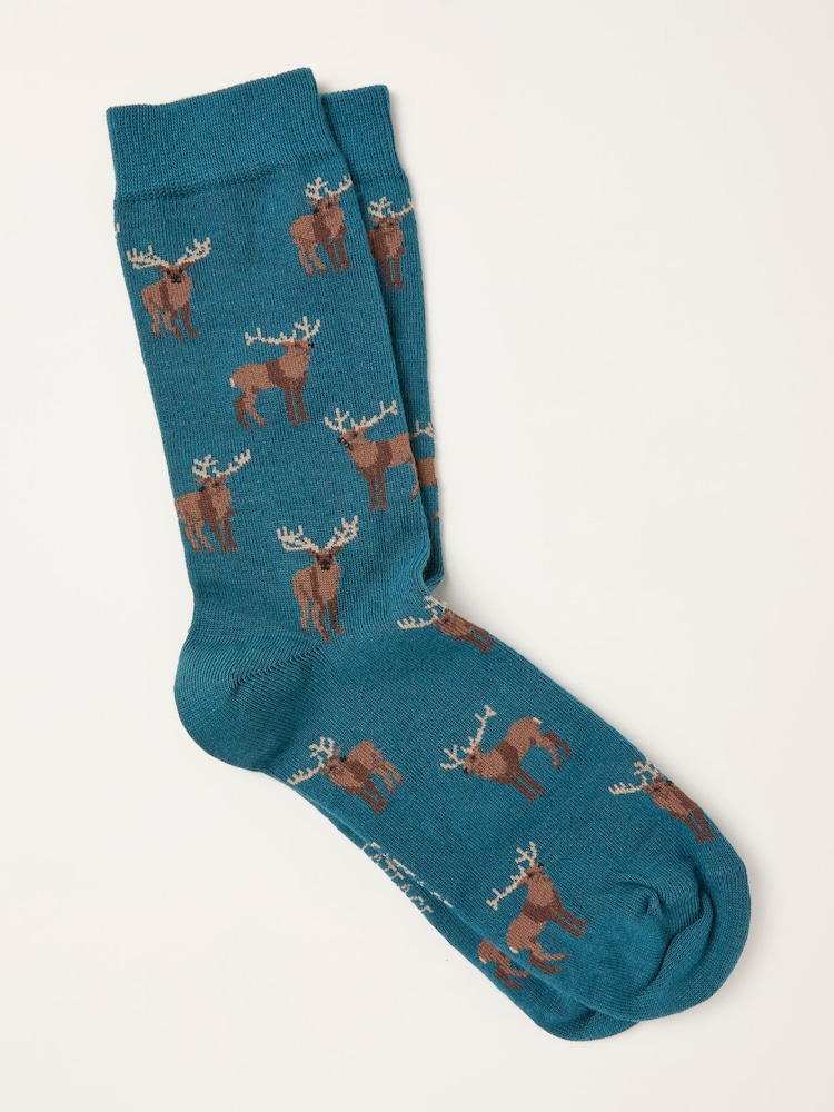 FatFace Teal Blue Moose Socks - Image 1 of 2