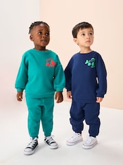Navy Blue / Green Transport Printed Sweatshirt And Joggers Set 2 Pack (3mths-7yrs) - Image 1 of 3