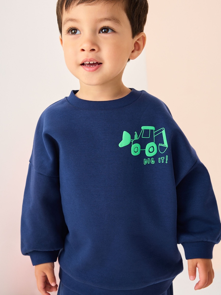 Navy Blue / Green Transport Printed Sweatshirt And Joggers Set 2 Pack (3mths-7yrs) - Image 2 of 3