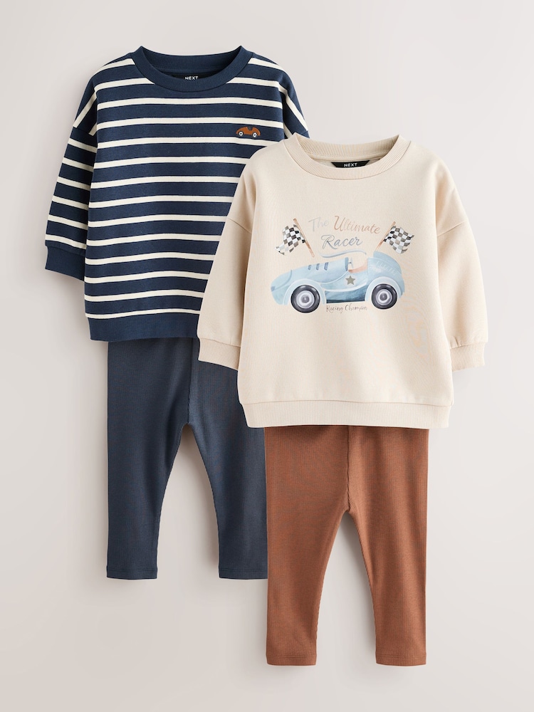 Blue/White Stripe/Car Sweatshirts and Leggings Set 2 Pack (3mths-7yrs) - Image 1 of 8 Blue/White Stripe/Car Sweatshirts and Leggings Set 2 Pack (3mths-7yrs) - Image 1 of 8