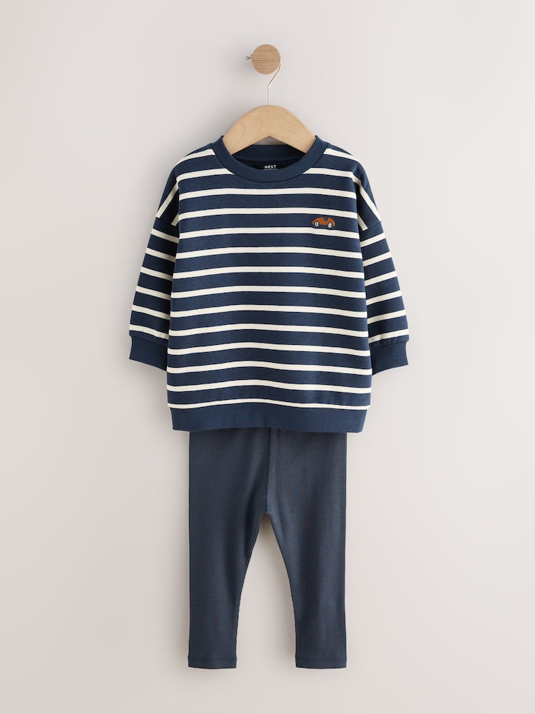 Blue/White Stripe/Car Sweatshirts and Leggings Set 2 Pack (3mths-7yrs) - Image 2 of 8 Blue/White Stripe/Car Sweatshirts and Leggings Set 2 Pack (3mths-7yrs) - Image 2 of 8