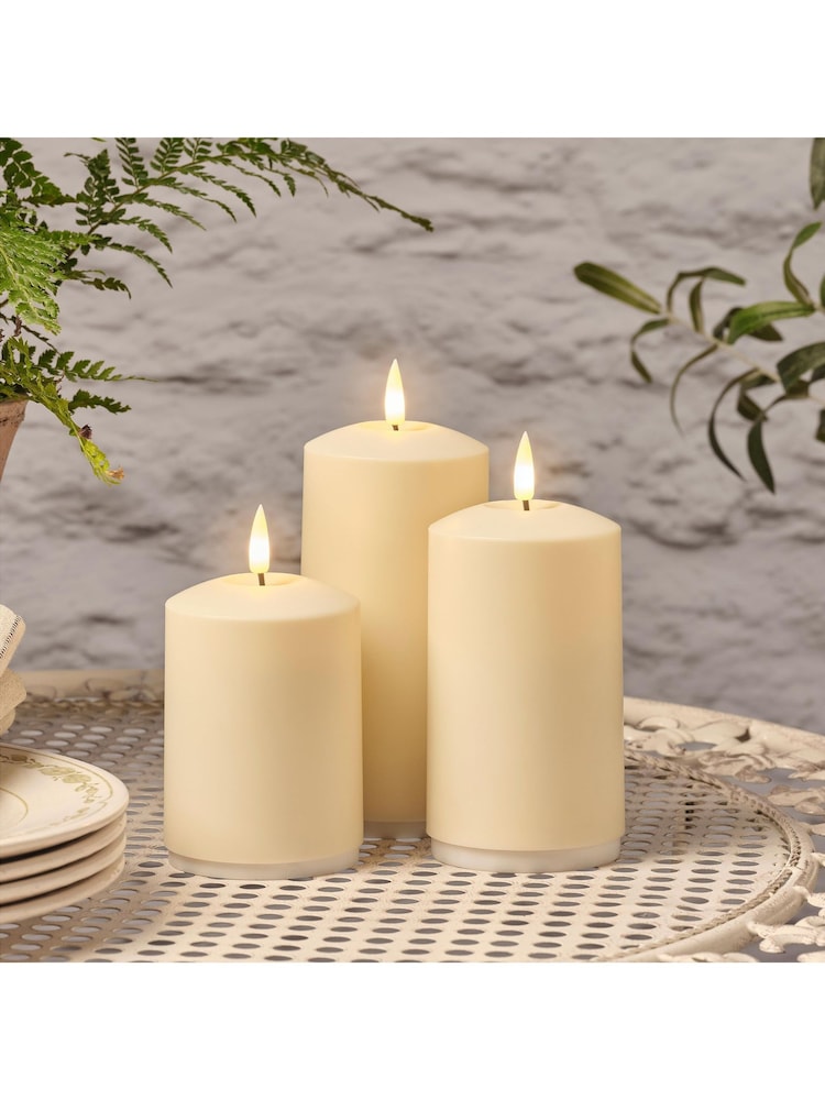Lights4fun Set of 3 Natural Rechargable Outdoor TruGlow Pillar Candles - Image 1 of 5