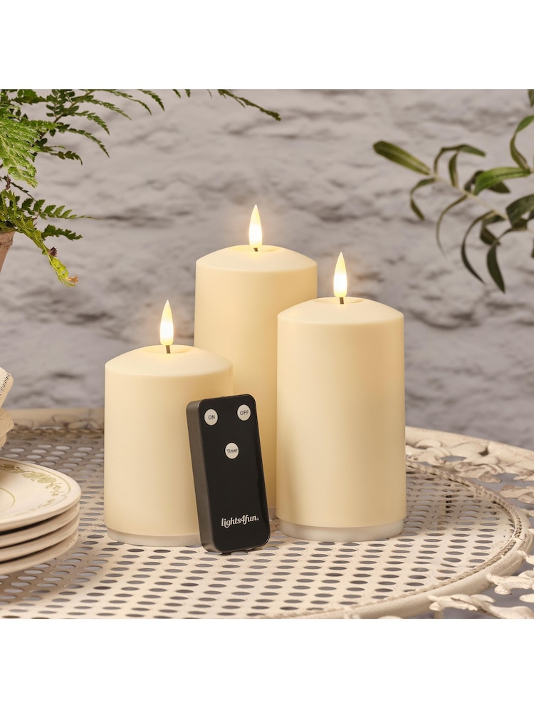 Lights4fun Set of 3 Natural Rechargable Outdoor TruGlow Pillar Candles - Image 2 of 5
