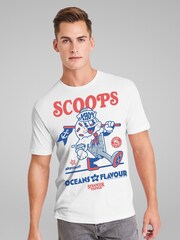 All + Every White Mens Stranger Things Scoops Ahoy Ice Cream Parlor 100% Cotton T-Shirt - Image 1 of 5