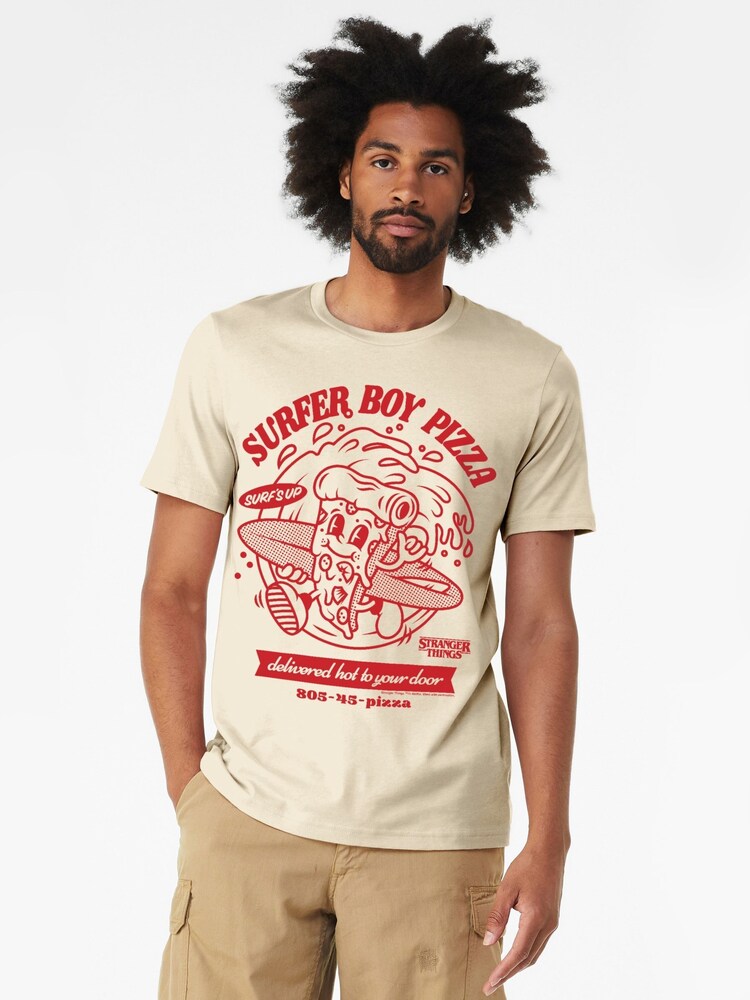 All + Every Cream Mens Stranger Things Surfer Boy Pizza Surfs Up 100% Cotton T-Shirt - Image 1 of 4