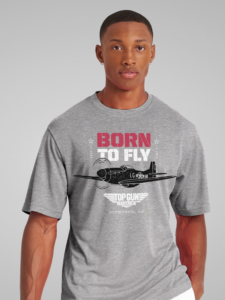 All + Every Grey Mens Top Gun Maverick P-51 Mustang Born To Fly 100% Cotton T-Shirt - Image 1 of 4 All + Every Grey Mens Top Gun Maverick P-51 Mustang Born To Fly 100% Cotton T-Shirt - Image 1 of 4