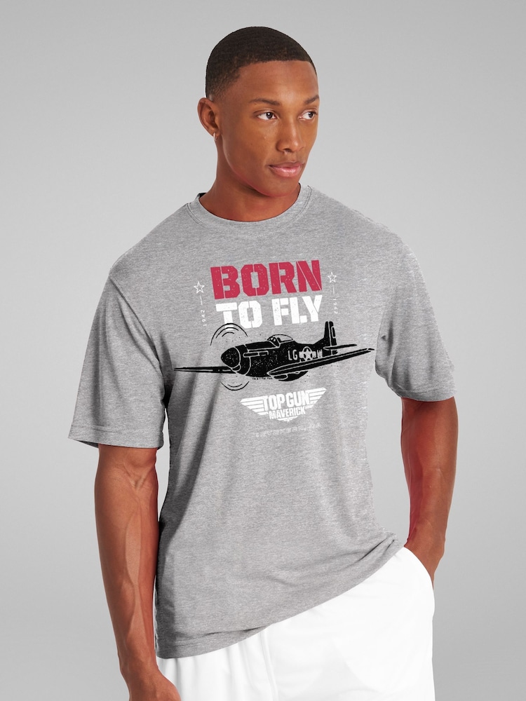 All + Every Grey Mens Top Gun Maverick P-51 Mustang Born To Fly 100% Cotton T-Shirt - Image 2 of 4