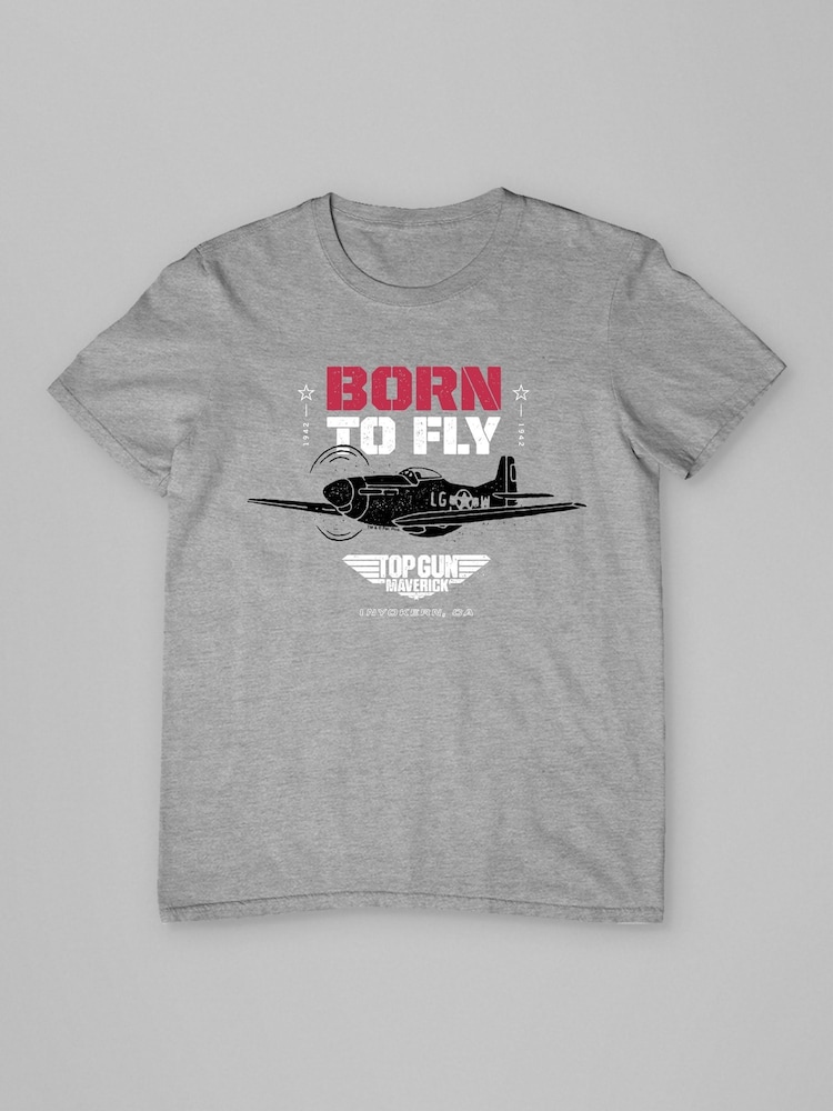 All + Every Grey Mens Top Gun Maverick P-51 Mustang Born To Fly 100% Cotton T-Shirt - Image 3 of 4
